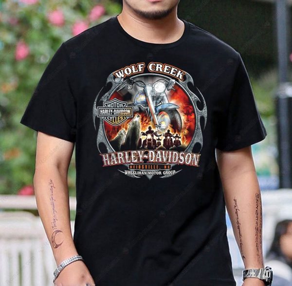 Wolf Creek Harley-Davidson Biker Graphic Tee with Classic Motorcycle Art and Flames