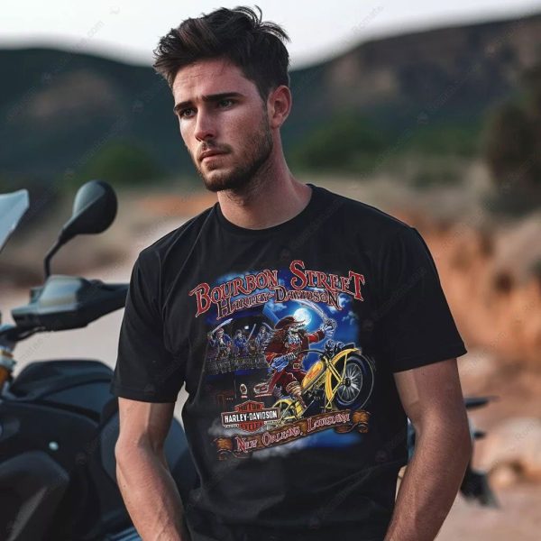 Bourbon Street Harley-Davidson New Orleans Skeleton Biker Graphic Tee with Vintage Artwork