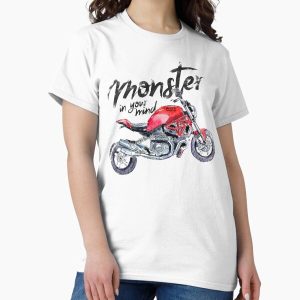 Ducati Monster Art Tee – Red Motorcycle Illustration with Creative Typography Design