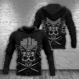 Harley-Davidson Skull & Crossbones 3D Hoodie with Bold Skull Graphic and Motorcycle Theme