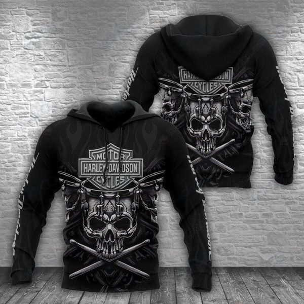 Harley-Davidson Skull & Crossbones 3D Hoodie with Bold Skull Graphic and Motorcycle Theme