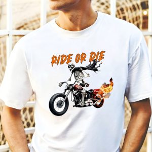 Skeleton Biker Ride or Die T-Shirt with Flames and Harley-Davidson Graphics