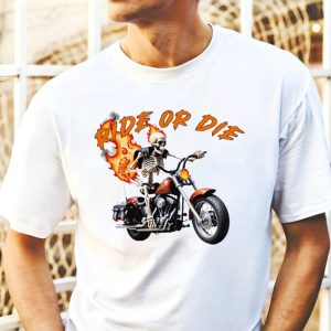Skeleton Rider Harley-Davidson Ride or Die Graphic T-Shirt with Flames and Motorcycle Art