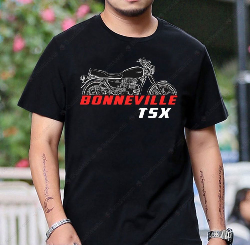 Triumph Bonneville TSX Motorcycle Graphic Tee with Vintage Design and Bold Typography Triumph Bonneville TSX Motorcycle Graphic Tee with Vintage Design and Bold Typography
