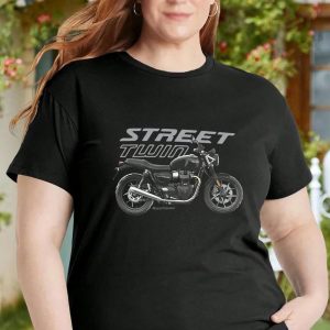 Triumph Street Twin Graphic Tee with Motorcycle Art and Retro Design